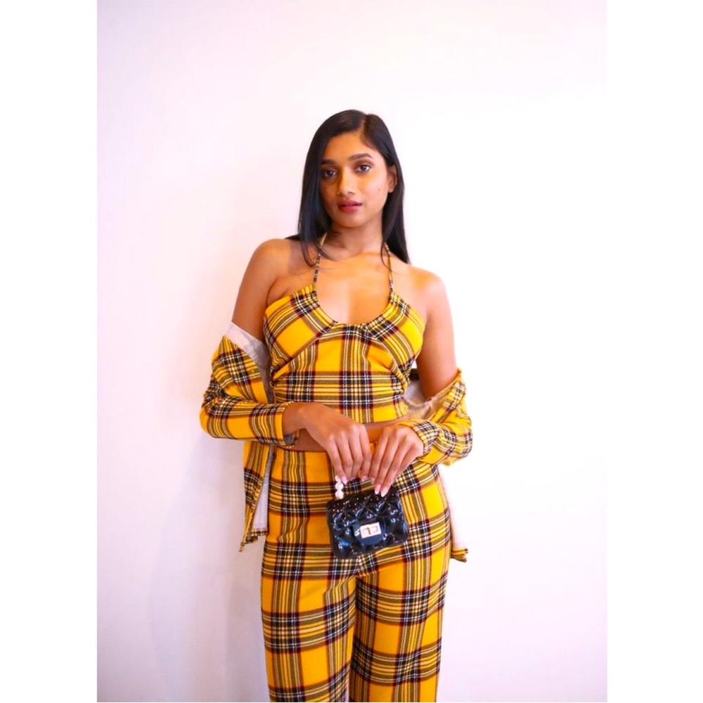 Ks garner yellow plaid matching set crop top and flared pants size small